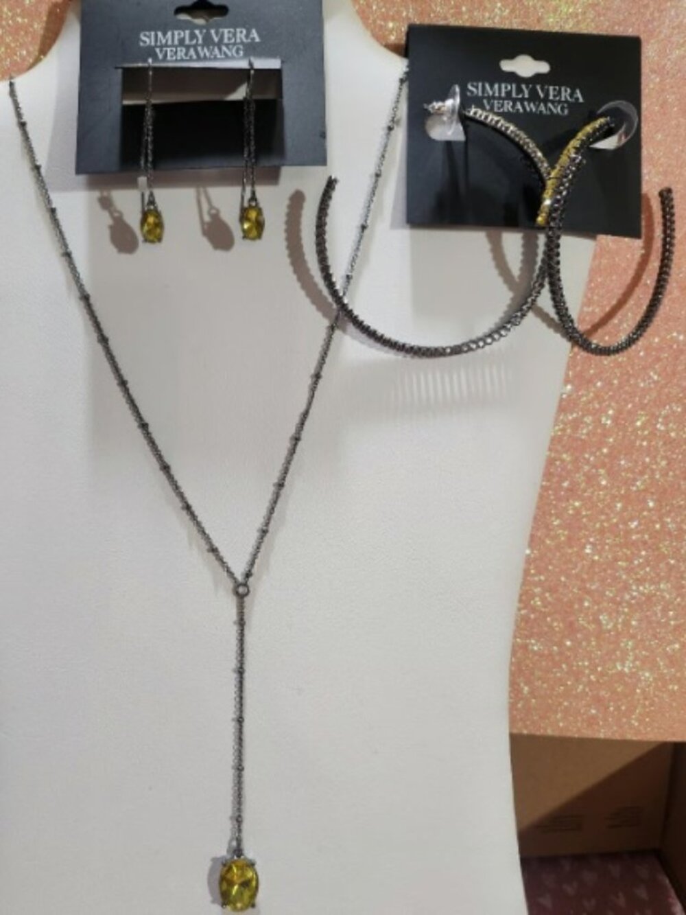 VERA WANG Rocker Chic Gunmetal Yellow-Green Crystal 2.56" Hoop Earrings**NEW! - Picture 5 of 11